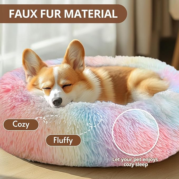 JOLLYVOGUE Calming Dog Bed Large Size Dog, Anti-Anxiety Donut Large Pet Bed, 36 inches Fluffy Faux Fur Round Cat Bed, Fits up to 75 lbs Pets (Rainbow)