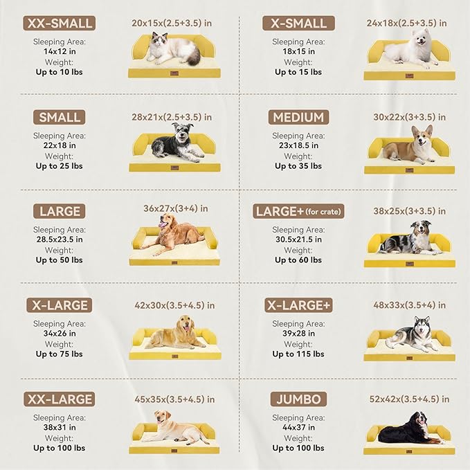 Large Dog Bed Orthopedic Washable | Beds Bolster Pet - XXL Large Big Dogs - Memory Foam - Couch Sofa - Waterproof with Removable Cover - Ginger Yellow Dog Bed