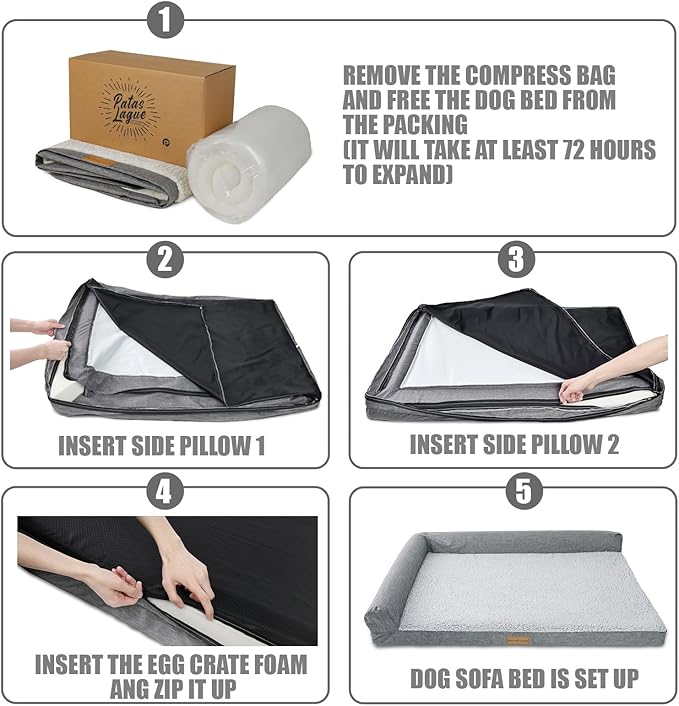 Patas Lague Orthopedic XL Dog Bed Large Sized Dog 48''X30'', Waterproof L Bolster Big Large Pet Sofa Beds with Removable Washable Cover, Soft Comfortable Pet Couch Crate Mat with Nonskid Bottom, Grey