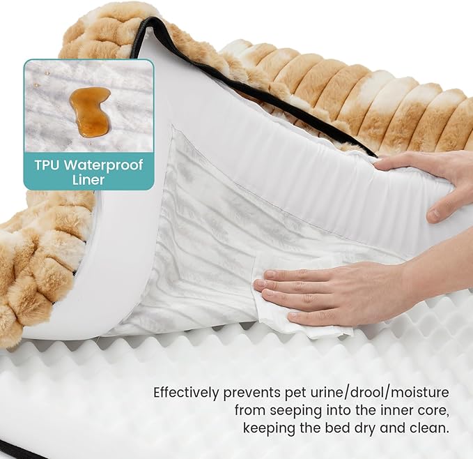 Cute Dog Bed for Large Dogs, Faux Rabbit Fur Orthopedic Foam Dog Bed with Sides, Removable Washable Cover & Waterproof Lining, Comfortable Pet Couch, Tie-Dye Brown (44" L x 32" W x 7" Th)