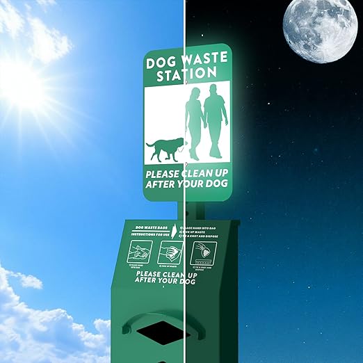 POCHAR Aluminum Rustproof Dog Waste Disposal Station for Pet Parks – 10 Gallon Outdoor Pet Poop Station with Reflective Sign & Lid – Durable Trash Bin for Backyard Dog Waste