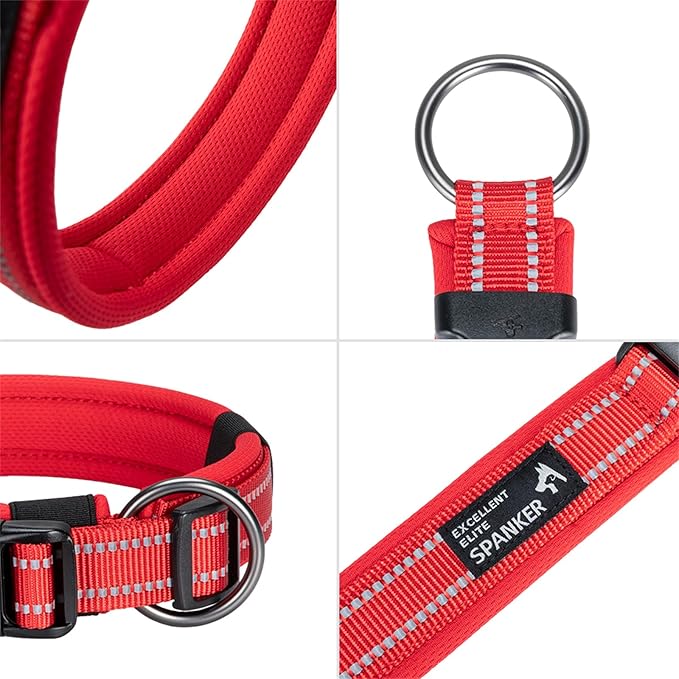 EXCELLENT ELITE SPANKER Reflective Dog Collar Classic Soft Padded Breathable Nylon Adjustable Pet Collar with Quick Release Buckle for Boy Girl Male Female Small Medium Large Dogs Training(Red-L)