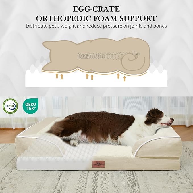 Comfort Expression Orthopedic Dog Bed for Extra Large Dogs 48x30 Inch, Waterproof Egg Crate Foam XXL Pet Bed with Removable Bolsters, Dog Couch with Washable Cover & Non-Slip Bottom, Beige