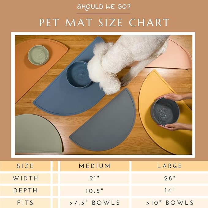 Should We Go - Waterproof Silicone Pet Food Mat - Non-Slip, Spill-Proof Feeding Mat for Floors, Raised Edge Design, Easy-to-Clean, Rubber Pad for Dog & Cat Bowls, 28" Across x 14" Deep, Large-Spruce