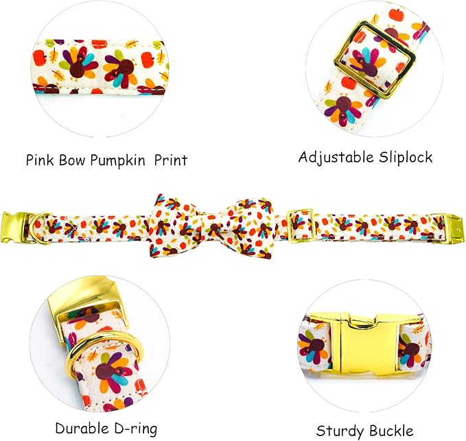 Thanksgiving Dog Collar, Turkey Dogs Collars Bow Tie Pet Collar Adjustable Pet Collars Premium Metal Buckle Autumn Leaf Necklace for X-Small Dogs