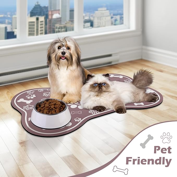 Dog Cat Mat for Food and Water,Rapid Absorbent Pet Feeding Mat, Bone Shaped Dog Placemat Bowl Mat with Rubber Backing,No Stains Pet Food Mats Indoor, Pet Accessories Supplies,Brown 12"×18"