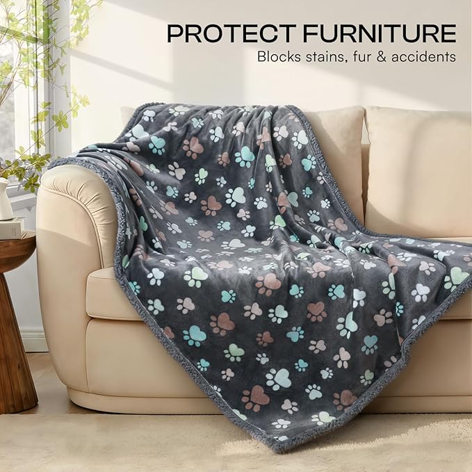 Luciphia Waterproof Pet Blankets for Couch Sofa Bed Cover Cat Liquid Pee Proof Washable Soft Fluffy Large Dog Blanket Reversible Furniture Protection Puppy Grey Paw Thicken Queen（ 82 x 90