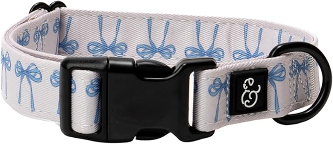 Lucy & Co. Dog Collar - Durable Lightweight Designer Collar for Pets - Adjustable Metal Safety Buckel - Medium - White with Blue Bows