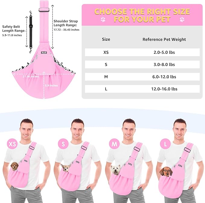 SlowTon Dog Carrier Sling - Thick Padded Shoulder Strap Adjustable Dog Carriers for Small Dogs, Puppy Carrier Purse for Pet Cat with Front Zipper Pocket Safety Belt Machine Washable (Baby Pink, M)