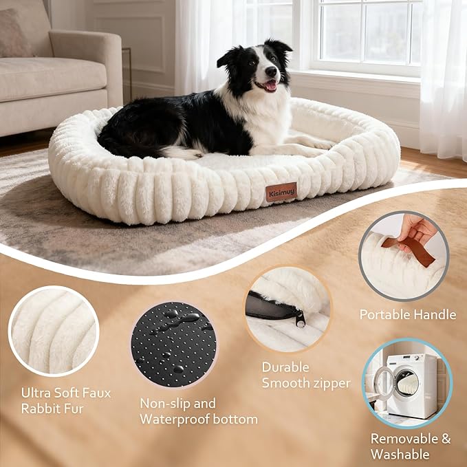 Cute Washable Dog Bed for Small Medium Dogs, Orthopedic Plush Rectangle Anti-Anxiety Dog Bed, Medium Calming Bolster Puppy Bed with Durable Removable Zipper Cover&Anti-Silp Bottom, 30in, Cream