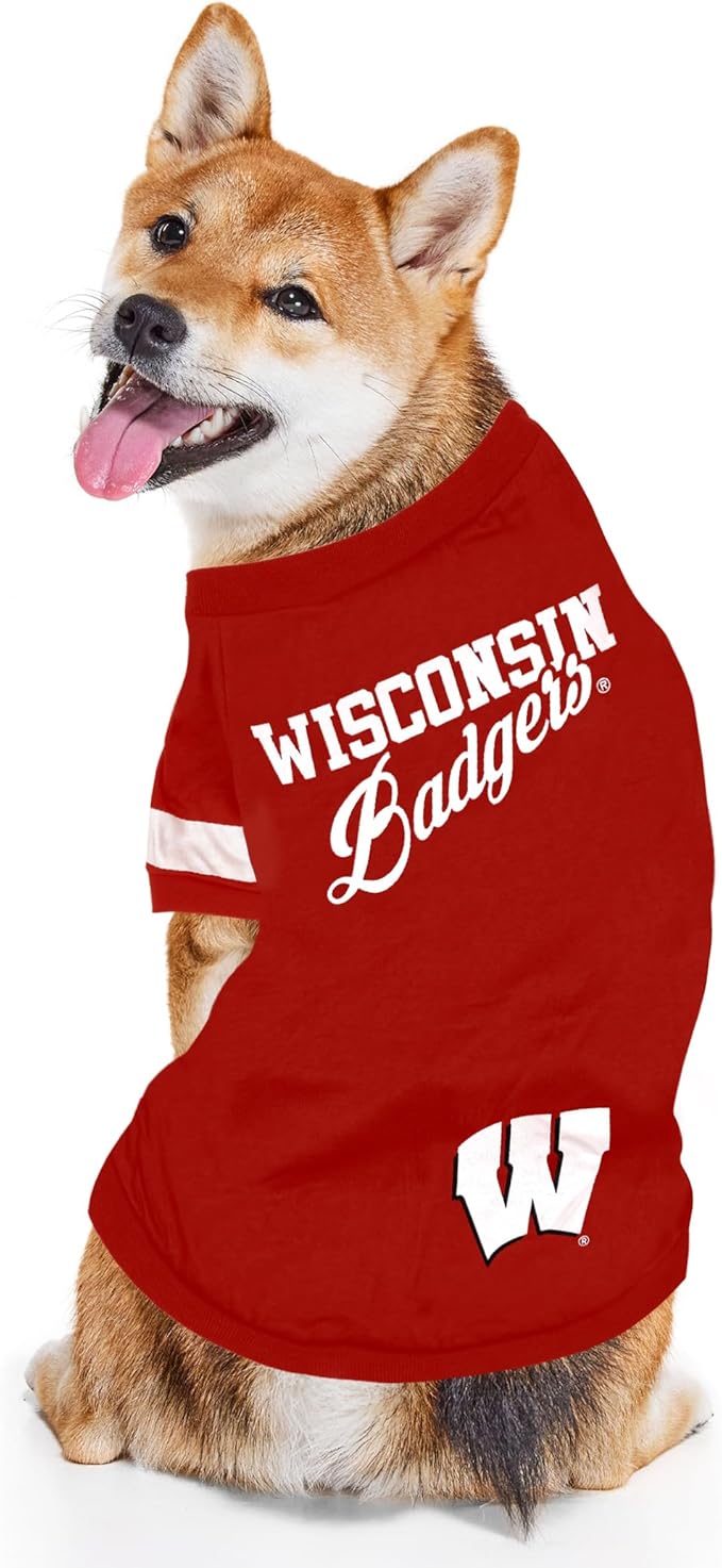 Pets First NCAA Wisconsin Badgers T-Shirt for Dogs & Cats. Size Large. Football/BASKTBALL Dog Shirt for College NCAA Team Fans. New & Updated Fashionable Stripe Design, Durable & Cute SP