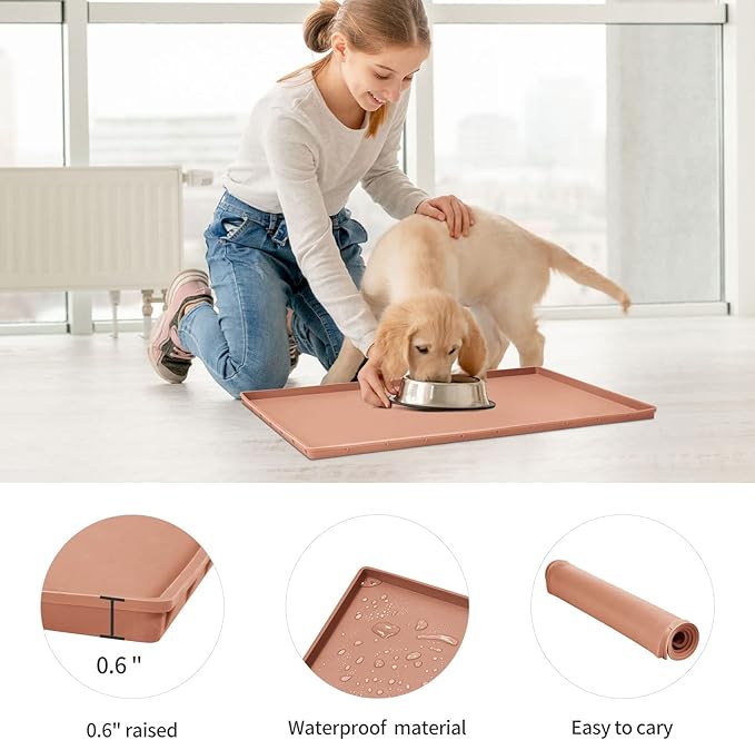 Dog Food Mat,Silicone Waterproof Food Tray,Non Slip Pet Bowl Mats Placemat,0.6" Raised Edge,Suitable for Most Small and Medium Sized Pets,18.5" x 11.5"
