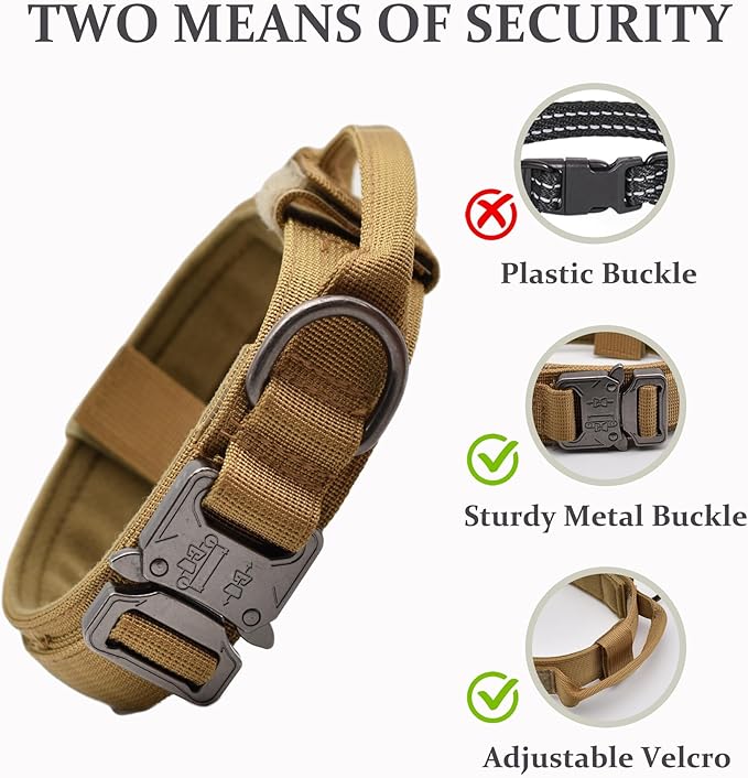 Tactical Dog Collar Set, Adjustable Military Training Nylon Dog Collar with Control Handle and Heavy Quick-Release Metal Buckle for Small Medium Large Dogs, Brown Set XXL