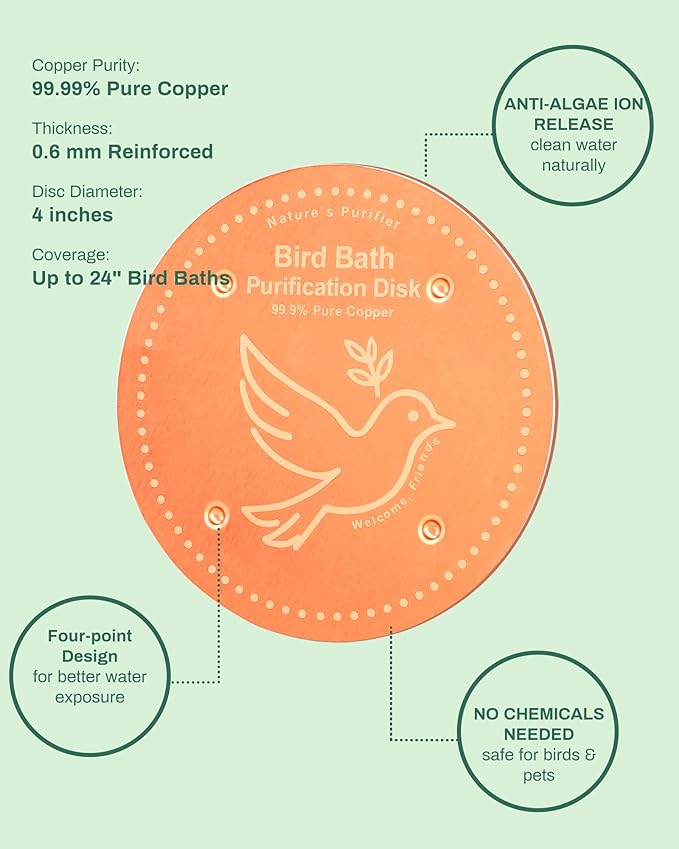 Bird Bath Purification Disk Pure Copper Outside Winter Solar Power Birdbath Heater Deicer Cage Hanging Bowl Metal Warmer Deck Railing Glass Concrete Ceramic Stone Stand Outdoor Fountain Station