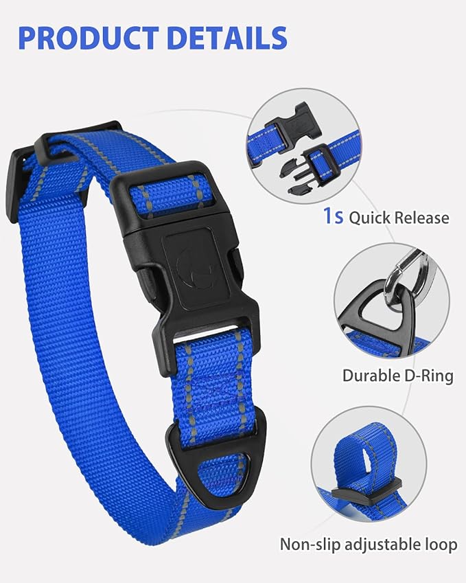 Joytale Large Dog Collar, Reflective and Adjustable Nylon Pet Collar with Quick-Release Buckle for Extra Large Dogs, Navy Blue, XL