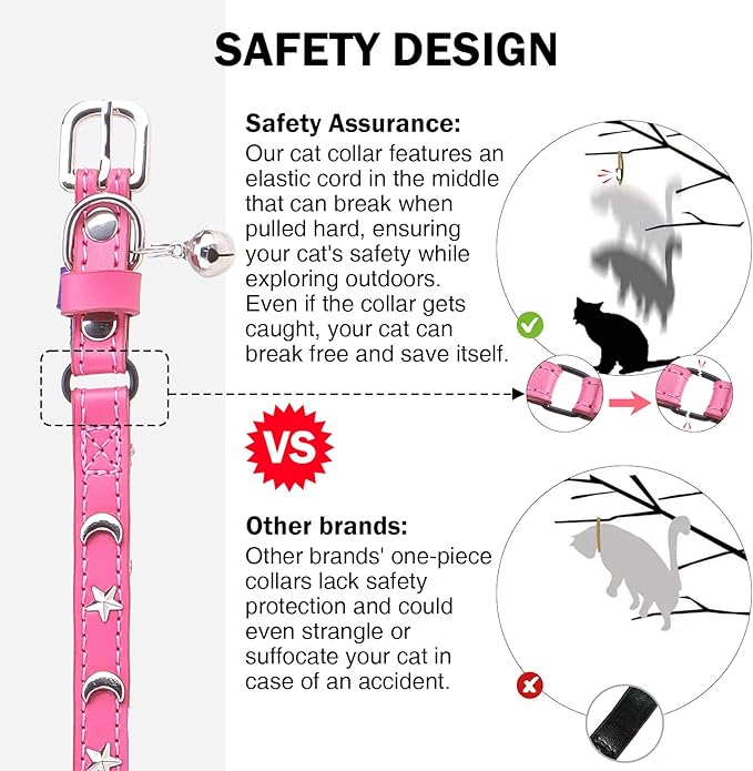 Leather Cat Collars for Boy Girl Cats with Bell and Safety Elastic Belt, Personalized Star and Moon Stud Adjustable Safe Buckle Collar for Kitty Small Big Cats Size 7-9 Inch, Rose