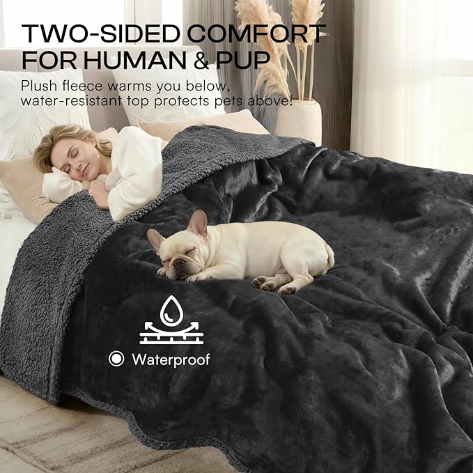 Waterproof Pet Blanket, Liquid Pee Proof Dog Blanket for Sofa Bed Couch, Reversible Sherpa Fleece Furniture Protector Cover for Small Medium Large Dogs Cats, Black Small（40" x 28"）