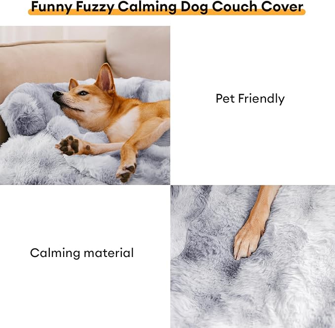 FUNNY FUZZY Pet Fluffy Fuzzy Calming Dog Couch Bed Sofa Protector Washable Pets Mat for Large Medium Small Dogs and Cats (Tie-dye Grey, 37"×31"×5.5")