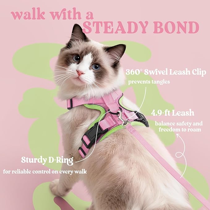 rabbitgoo Cat Harness and Leash for Walking, Escape Proof Soft Adjustable Vest Harnesses for Cats, Easy Control Breathable Reflective Strips Jacket, Pink&Light Green, S