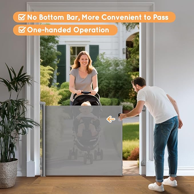 Retractable Baby Gate for Stairs, 55" Wide Mesh Pet Gate, Automatic Tension, One-Hand Operation, 38" Tall Baby Gates for Doorways, Hallways, Deck, Indoor Outdoor, Safe, Easy to Fit, Gray