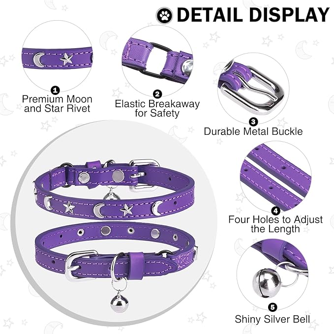 Leather Cat Collars for Boy Girl Cats with Bell and Safety Elastic Belt, Personalized Star and Moon Stud Adjustable Safe Buckle Collar for Kitty Small Big Cats Size 7-9 Inch, Purple