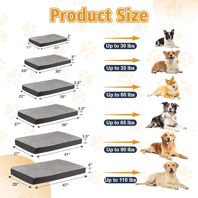 Orthopedic Dog Beds Large Sized Dog – Waterproof Plush Pet Mattress with Removable Washable Cover, Non-Slip Bottom, Memory Foam Mat for Crate, 35x22 Inch, Grey