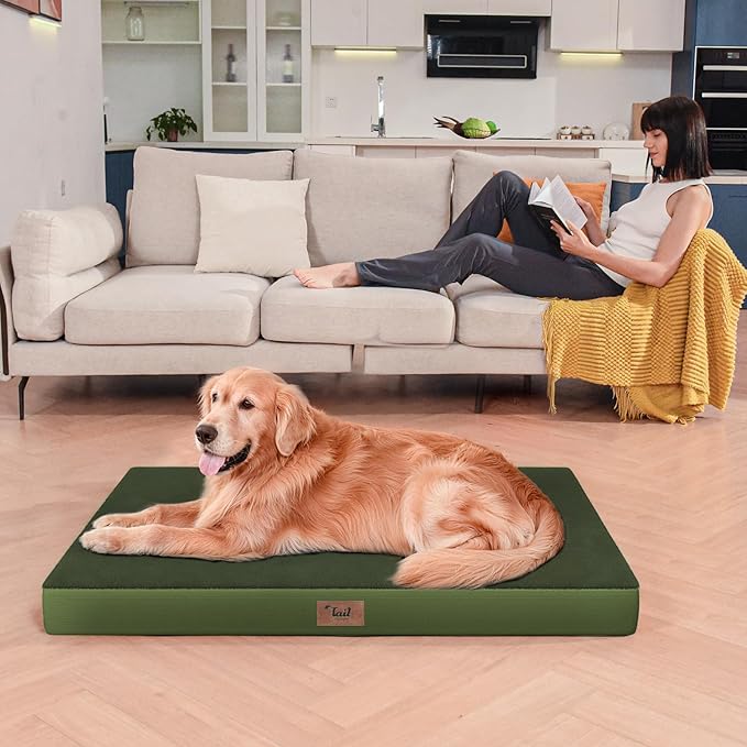 Comfort Dog Bed for Small Dogs & Cats, Waterproof Dog Crate Mat Orthopedic Egg Crate Foam with Washable Removable Cover, Olive Green