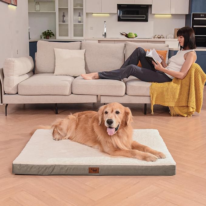 Orthopedic Dog Bed for Extra Large Dogs, XL Waterproof Comfort Pet Bed for Large Sized Dog, Egg Crate Foam Pet Bed with Removable Washable Cover, Khaki White