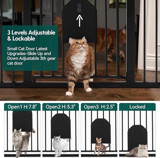 Babelio 36" Tall Auto Close Baby Gate with Small Cat Door, 29-43" Metal Cat Gate for Doorway, Stairs, House. Easy Walk Thru Dog Gate with pet Door, Includes 4 Wall Cups and 3 Extension Pieces, Black