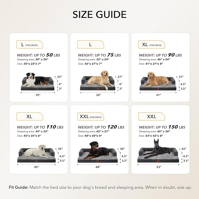 Orthopedic Dog Beds for Large Sized Dogs, Waterproof Egg Crate Foam Large Dog Couch Beds with Comfy Bolster 36x27Inch, Washable Pet Beds with Removable Cover and Nonskid Bottom, Dark Grey