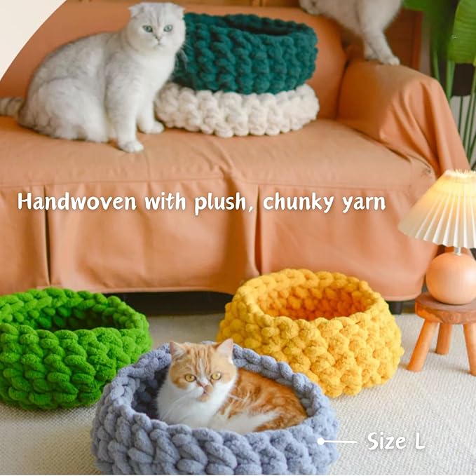 Cat Nest Bed - Premium Self Warming Handwoven Washable Extra Soft Round Cave House for Indoor Kitten & Kitty, Small & Large (Grayish Blue,Large)