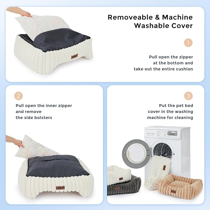 Large Cat Beds - Orthopedic Dog Bed for Medium Dogs, Rectangle Pet Bed with Fluffy Removable Washable Cover, 25x21x9inches, Beige