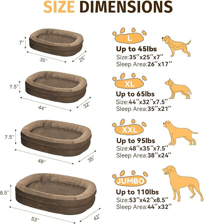 Orthopedic Waterproof Large Dog Bed: Memory Foam Washable Dog Bed with Bolsters - Removable Orthopedic Cover for Medium L XL Large Sized Pet - Non-Slip Bottom - Coffee