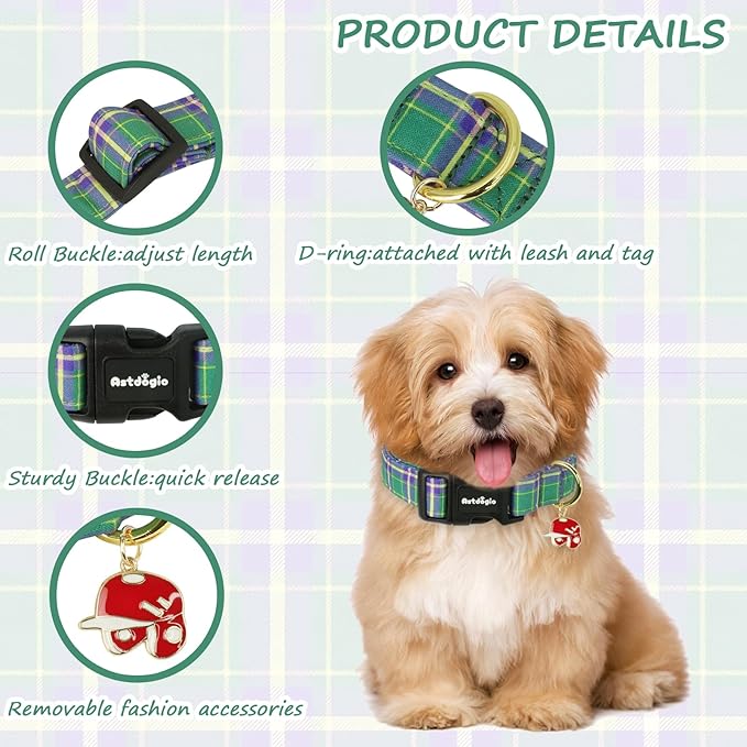 Dog Collar with Dark Green Striped Checkered for Spring Summer, Adjustable Cotton Puppy Collar for Small Medium Large Girl Boy Dogs-L
