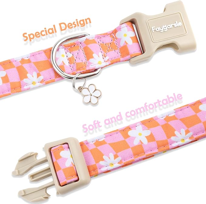 Faygarsle Floral Dog Collar, Pink and Orange Pattern with White Flowers, Spring Summer Design for Small Medium Large Dogs M