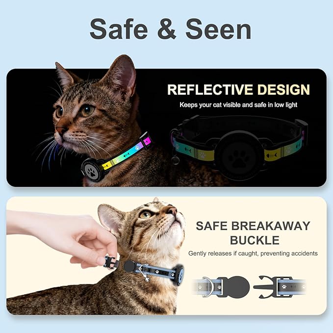 Airtag Cat Collar Breakaway, Reflective Cat Collar with AirTag Holder and Bell, Compatible with Apple Air Tag, Comfortable Padding, Adjustable, Durable (Blue, S)