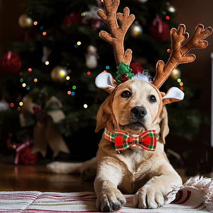 Dog Collar - Christmas Red Plaid Dog Collars Bowtie Gift Soft Bow Collar with Bow Adjustable Metal Buckle Pet Collar for Medium Dogs