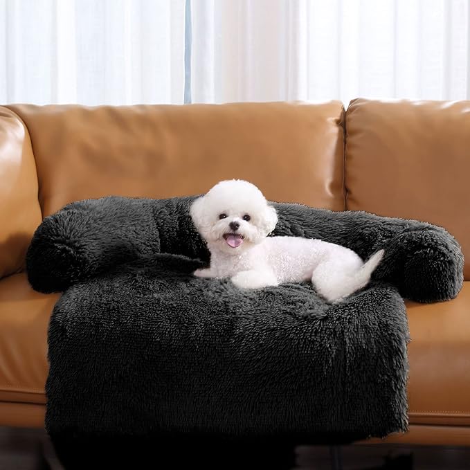 HACHIKITTY Calming Pet Sofa Bed Mat, Washable Plush Couch Cover for Dogs and Cats, Furniture Protector with Anti-Slip Bottom (30"x 27"x 6", Black)