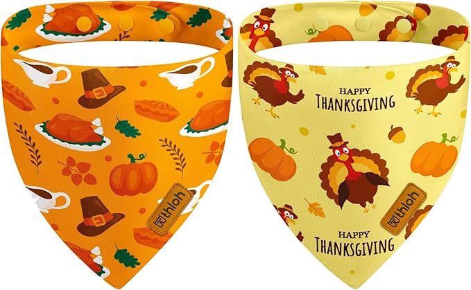 Thanksgiving Dog Bandanas with Snap Button, 2 Pack Adjustable Fall Bandanas for Small, Medium, and Large Dogs, Pumpkin Pet Scarf for Autumn Costume Accessory & Photo Shoot (X-Large)