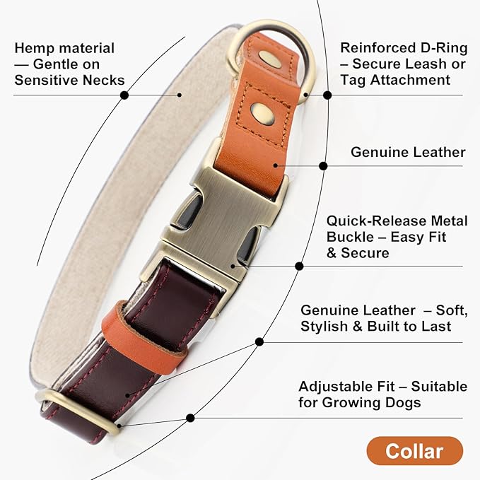 Plutus Pet Genuine Leather & Hemp Dog Collar – Adjustable Heavy Duty Pet Collar with Quick Release Metal Buckle, Soft & Stylish for Puppy and Small, Medium, Large Dogs (Copper Brown, M)