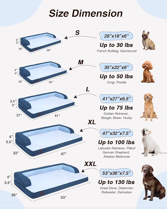 KSIIA Washable Dog Bed XL Senior Dog, Orthopedic Warm Soft Pet Sofa Waterproof Pet Couch with Sides, Non-Slip and Egg-Crate Foam Extra Large Beds with Removable Cover, 41x27Inch, Blue