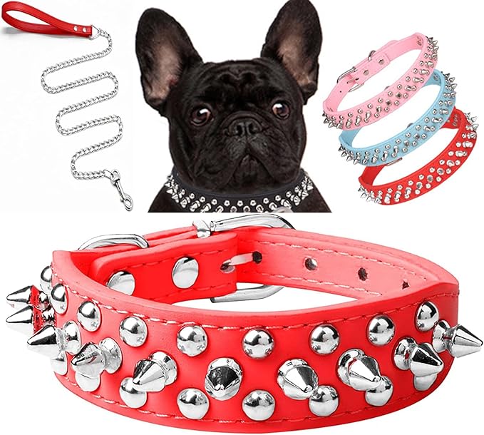 Spiked Dog Collar Soft Pu Leather Mushrooms Rivet Spike Studded Puppy Adjustable Pet Collars for Small Breeds (XS, Red Set)