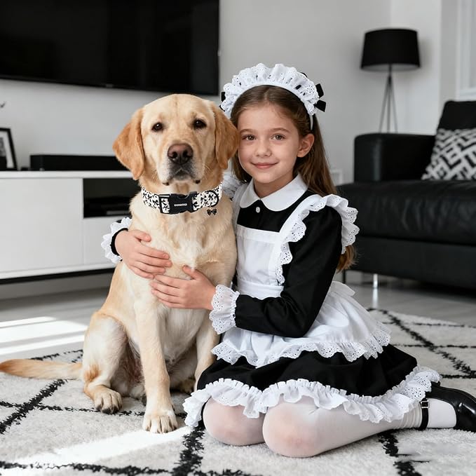 DOGWONG Cute Dog Collar, Black Bow Pattern Dog Collar, Girl Female Dog Collars with Strong Plastic Buckle for Large Dogs,XL