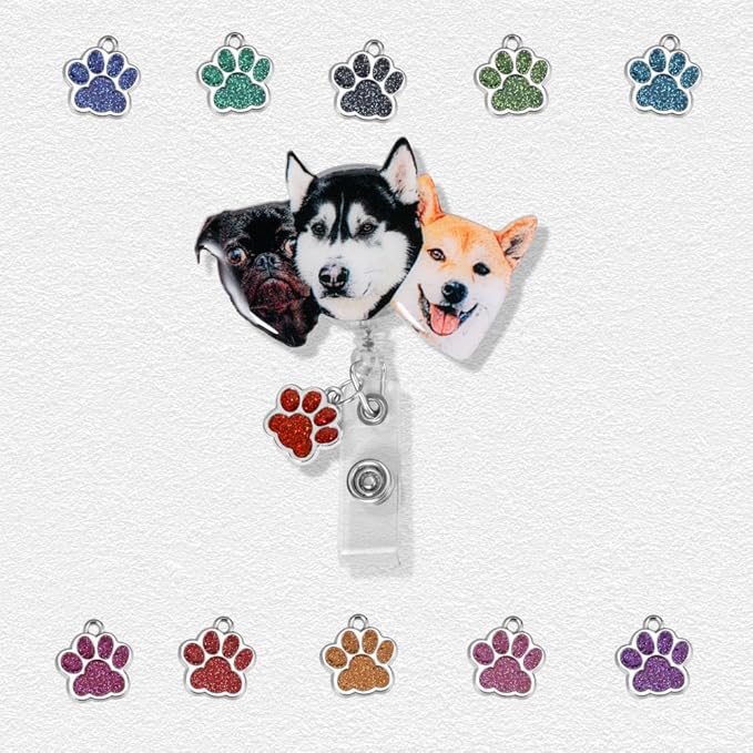 callie Personalized Pet Badge Reel - Custom Dog & Cat Photo, Cute ID Badge Holder Retractable with Alligator Clip & Paw Charm, Gifts for Dog Lover Nurse Vet Doctor（3 Pets）