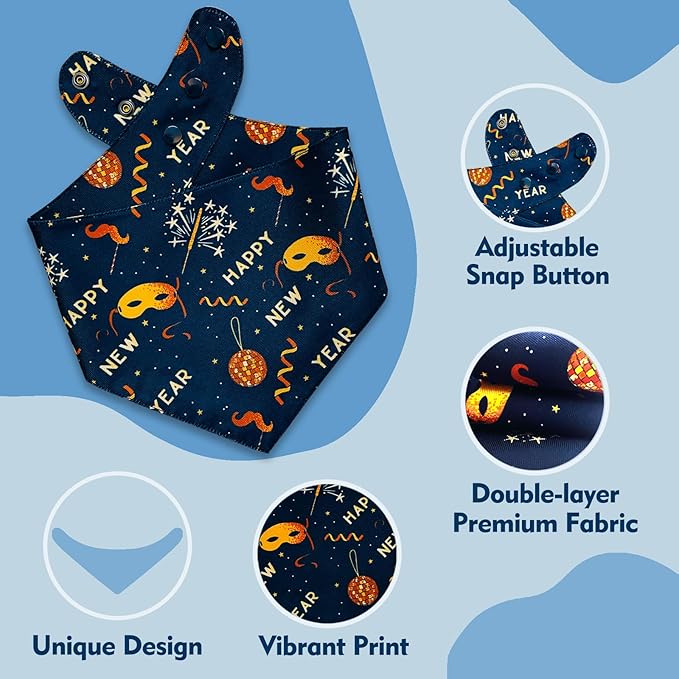 Happy New Year Dog Bandanas with Snap Button, 2 Pack Adjustable Bandanas for Small, Medium, and Large Dogs, Pet Scarf for Holiday Costume Accessory & Photo Shoot (Large)