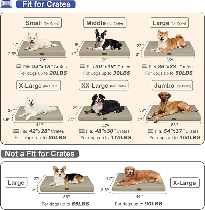 Large Outdoor All Weather Dog Bed, Waterproof Pet Bed for Large Dogs, Orthopedic Egg Crate Foam with Washable Removable Oxford Cooling Cover, 36x27 Inch, Khaki