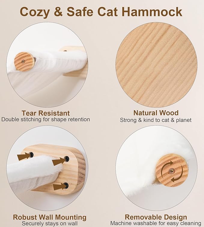 Cat Scraching Post Wall Shelves Set of 3 –1 Floating Fabric Hammock, 2 Cat Wall Ladders with 4 Steps EachWall Mounted Bed Furniture & Climber for Large Cats, Indoor Wall Playground