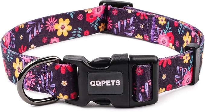 QQPETS Adjustable Soft Dog Collar: Print Flower Pink Multicolor Cute Patterns for XS Small Medium Large Pet Girl Boy Puppy Walking Running Training (M, Elegant Purple)