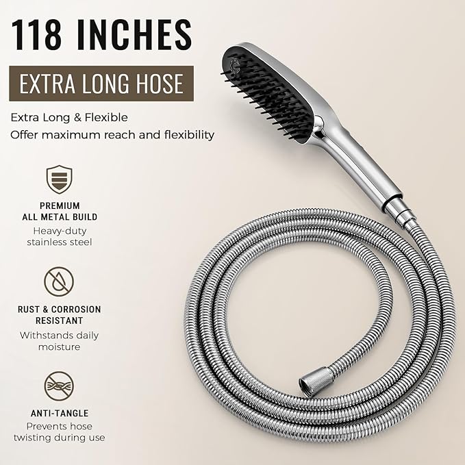 G-Promise 3 Mode Dog Shower Attachment with Pause Mode, Dog shower Sprayer with 118 Inches Stainless Steel Hose, Metal Diverter, Adhesive Holder, for Fast and Easy Dog Bathing and Cleaning(Chrome)