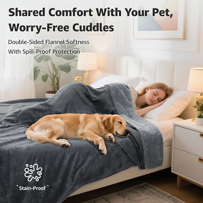 LOOBANI Waterproof Blanket for Bed: Reversible Soft Flannel King Size Bed Blanket 85" x 108", Waterproof Dog Blankets for Large Dogs, Spill-Proof Cover for Furniture Protection, Movie Time, Grey